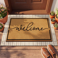 Top view of Drydiet layered doormats featuring welcome script