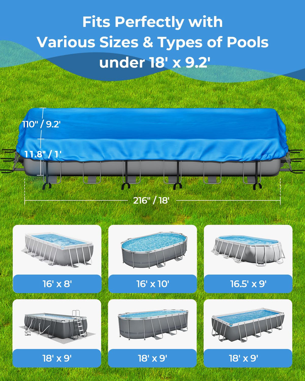 Top view of Reinmoson 18 x 9 Rectangle Pool Cover with integrated drawstrings