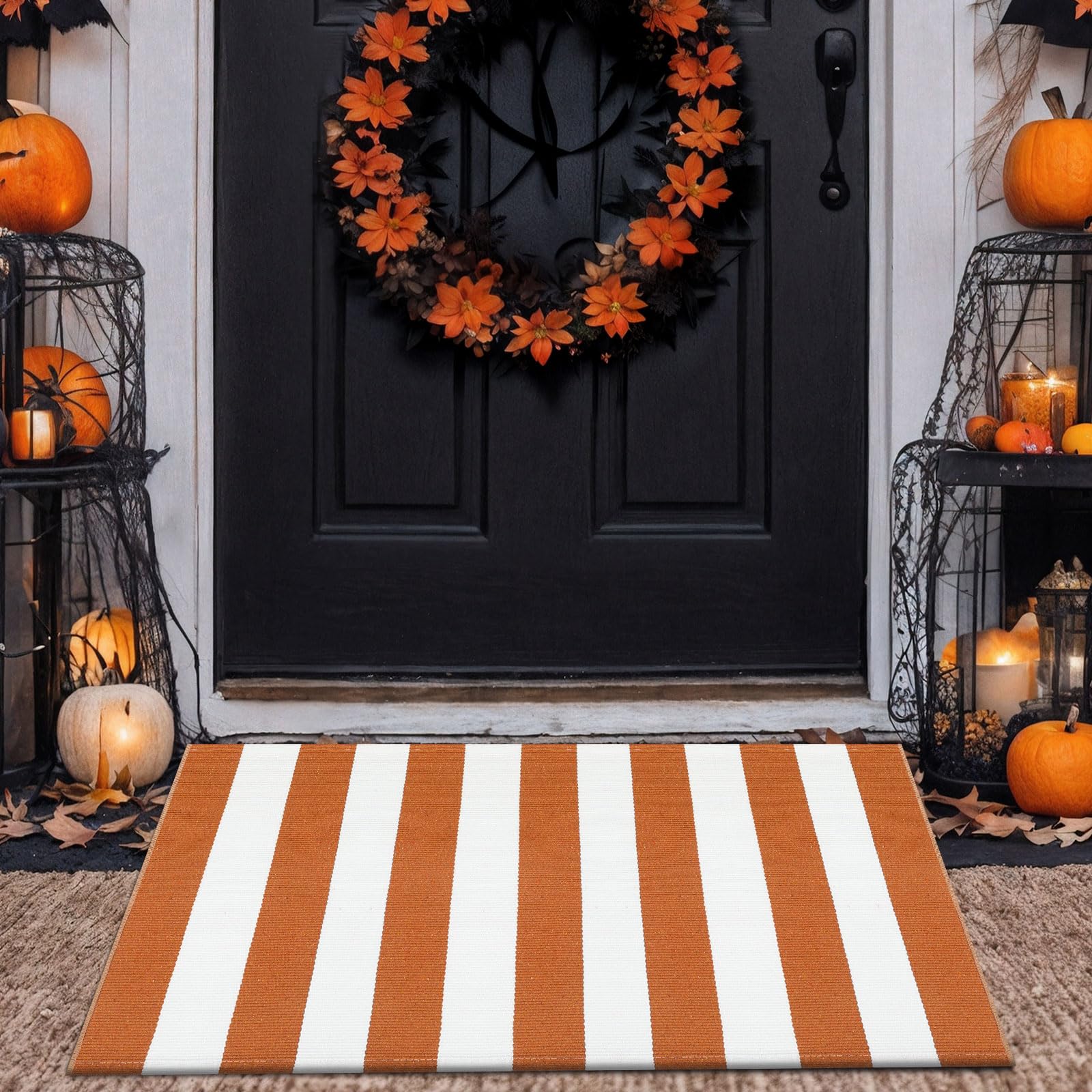 Top view of rust brown stripe layering door mat