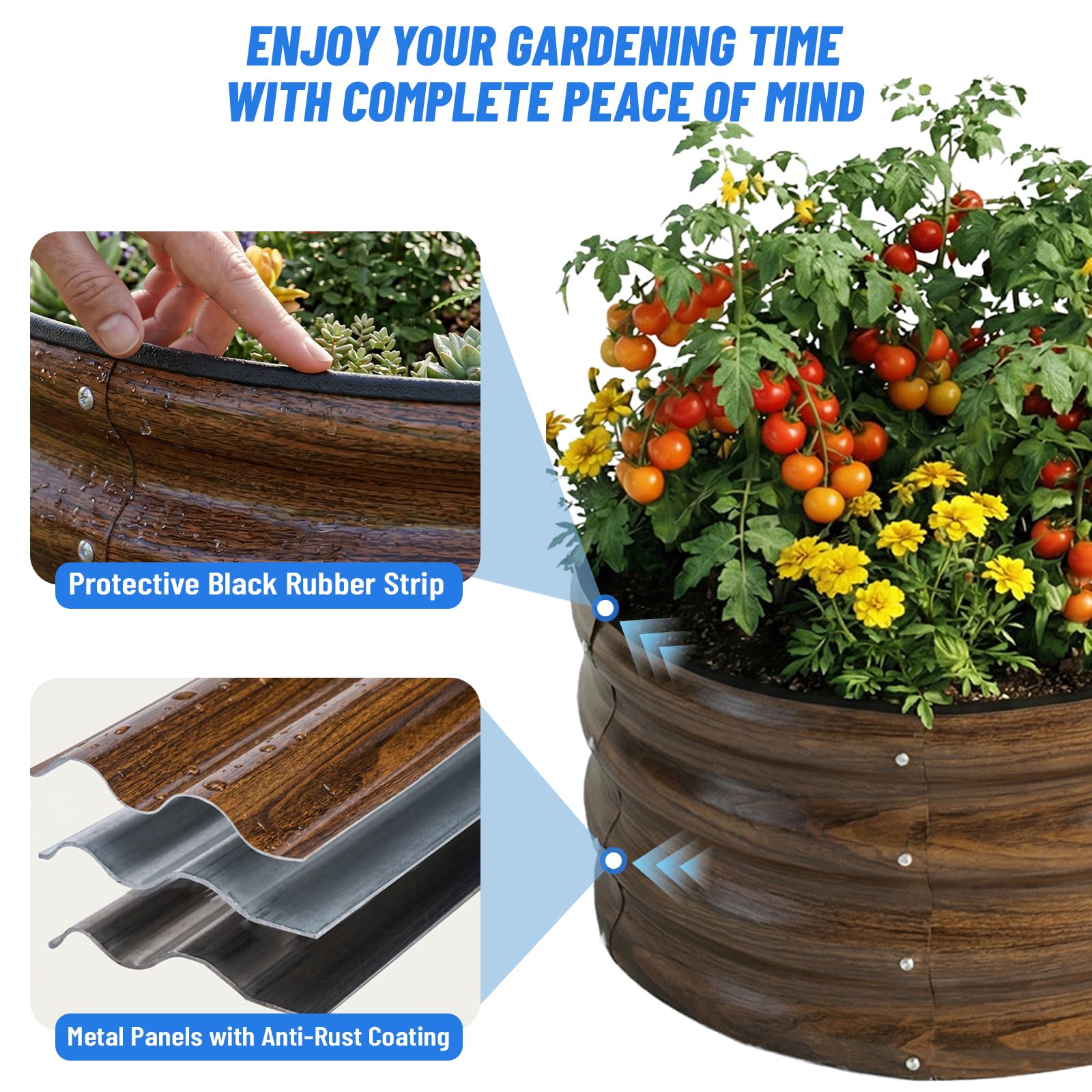 Top view of SnugNiture round galvanized raised garden bed filled with soil