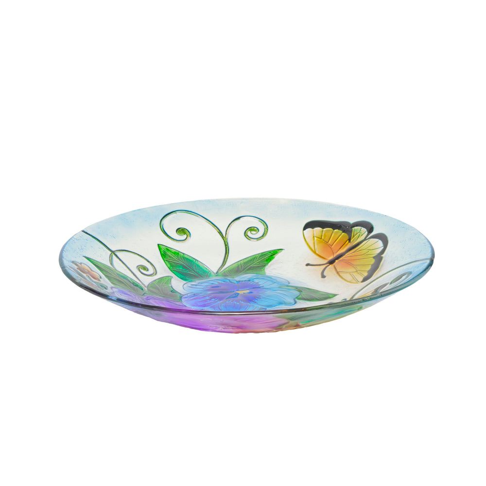 Top view of the vibrant butterfly design on the birdbath