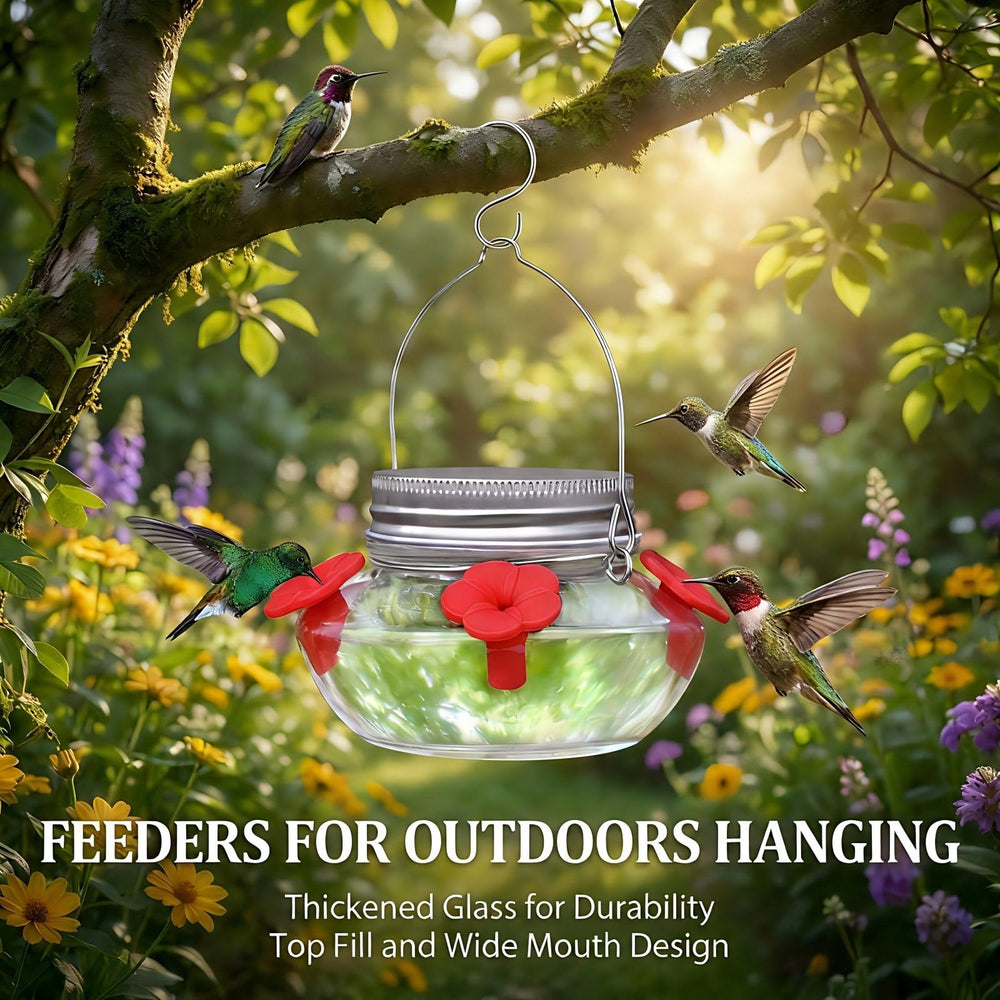 Top view of TPZAERK Mason Jar Hummingbird Feeder filled with nectar