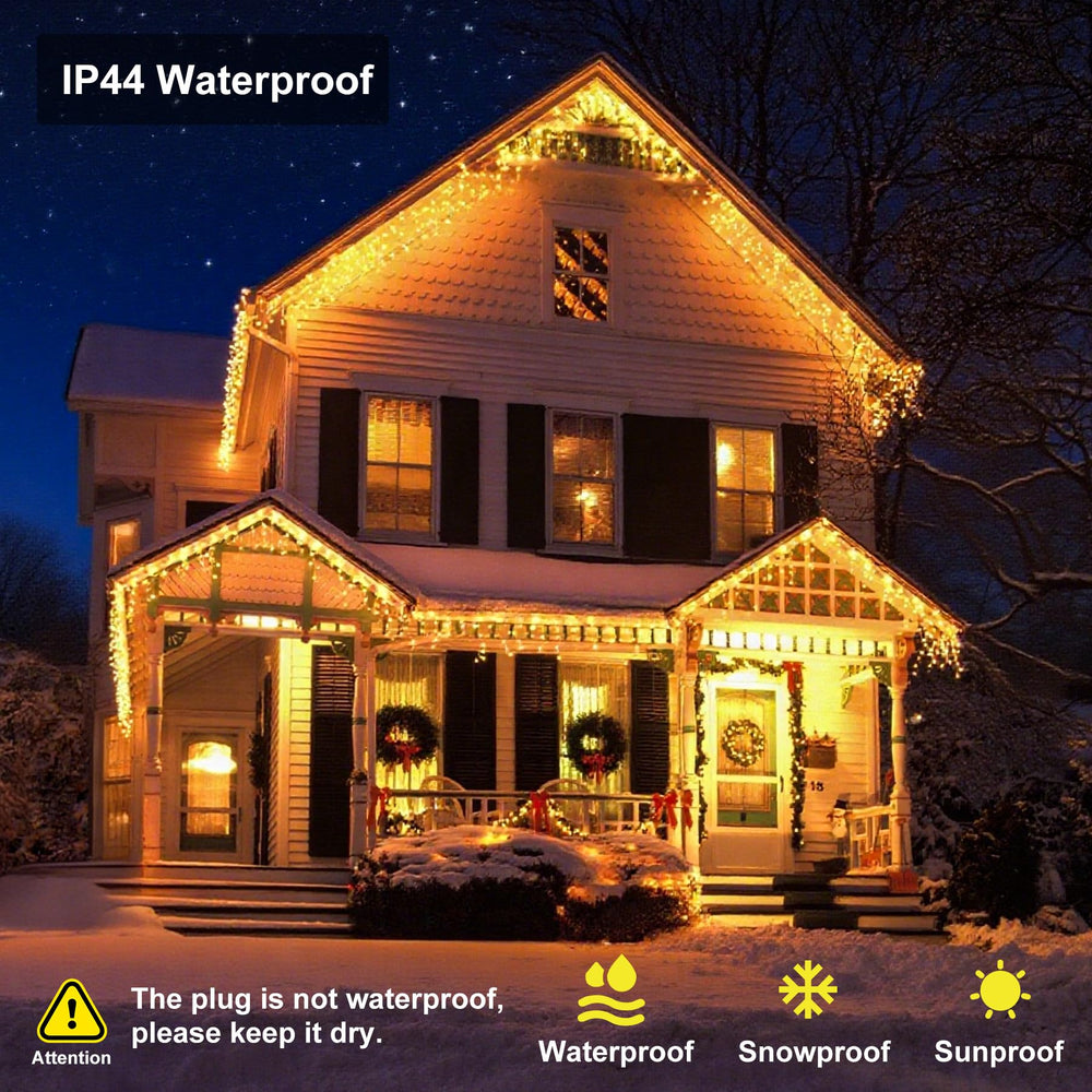 TOPPORTED LED Icicle Lights displayed on a house during the night