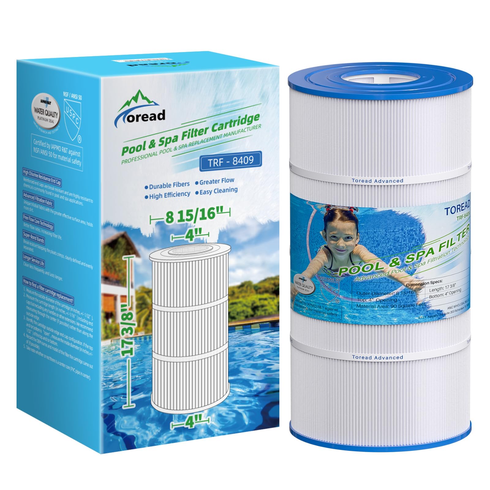 TOREAD TRF-8409 Pool Filter front view with dimensions