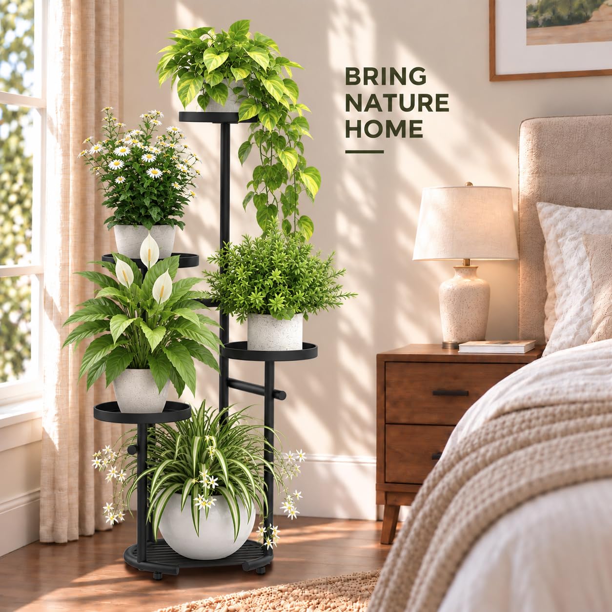 TOSKING 5-Tier Round Metal Plant Stand in Black, side view