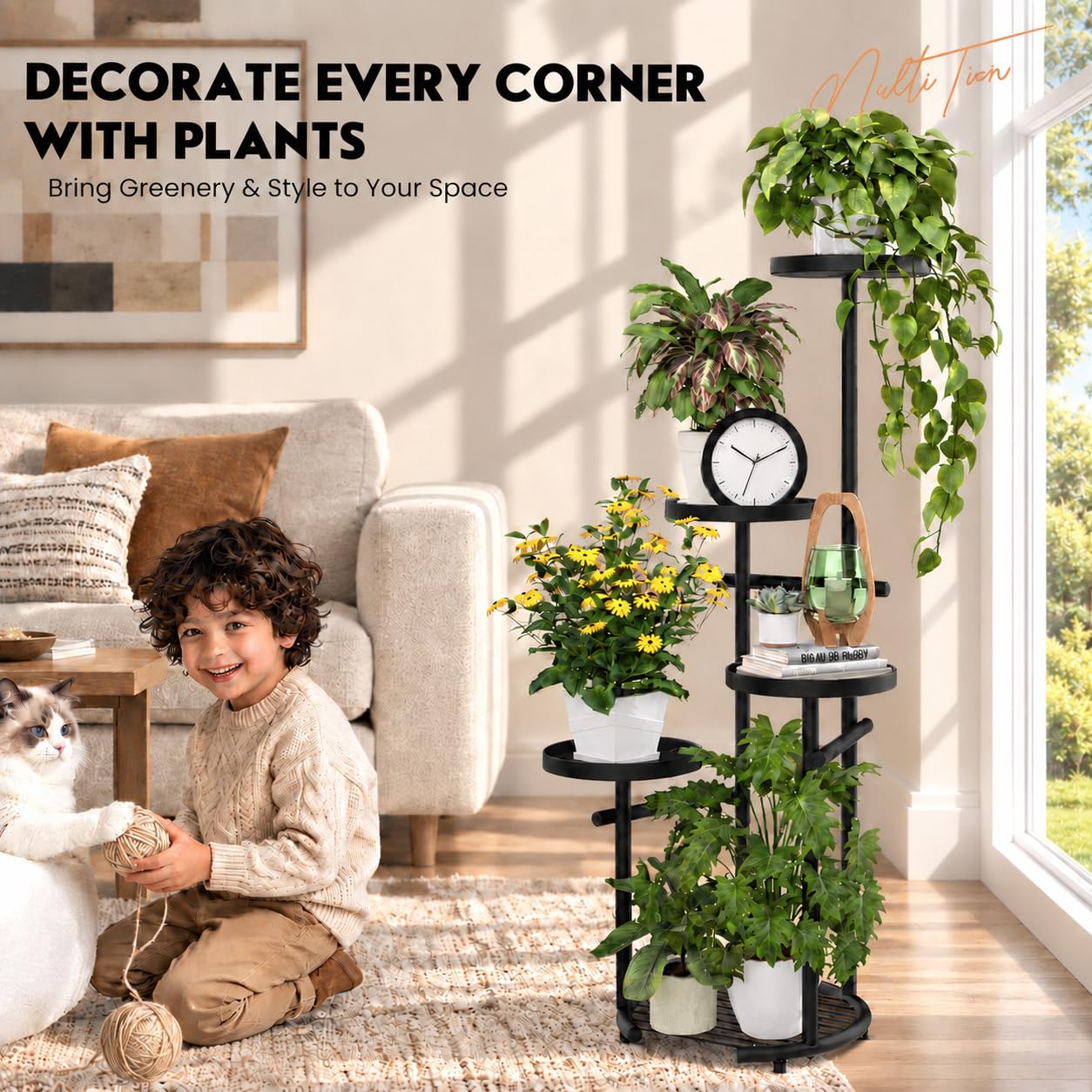 TOSKING 5-Tier Round Metal Plant Stand in Black with plants arranged