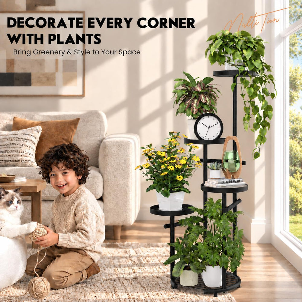 TOSKING 5-Tier Round Metal Plant Stand in Black with plants arranged