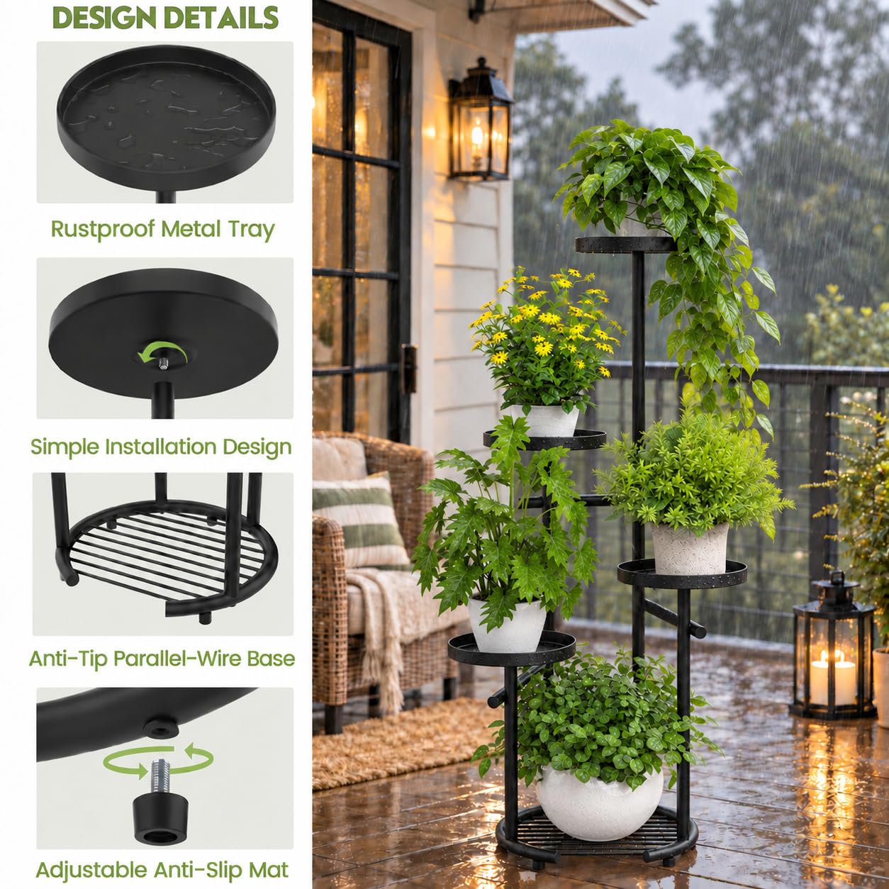TOSKING 5-Tier Round Metal Plant Stand's bottom shelf with drainage