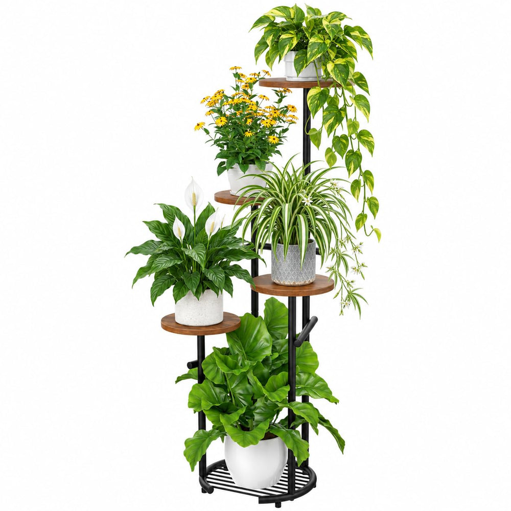 TOSKING 5-Tier Round Wood Corner Plant Stand front view with plants