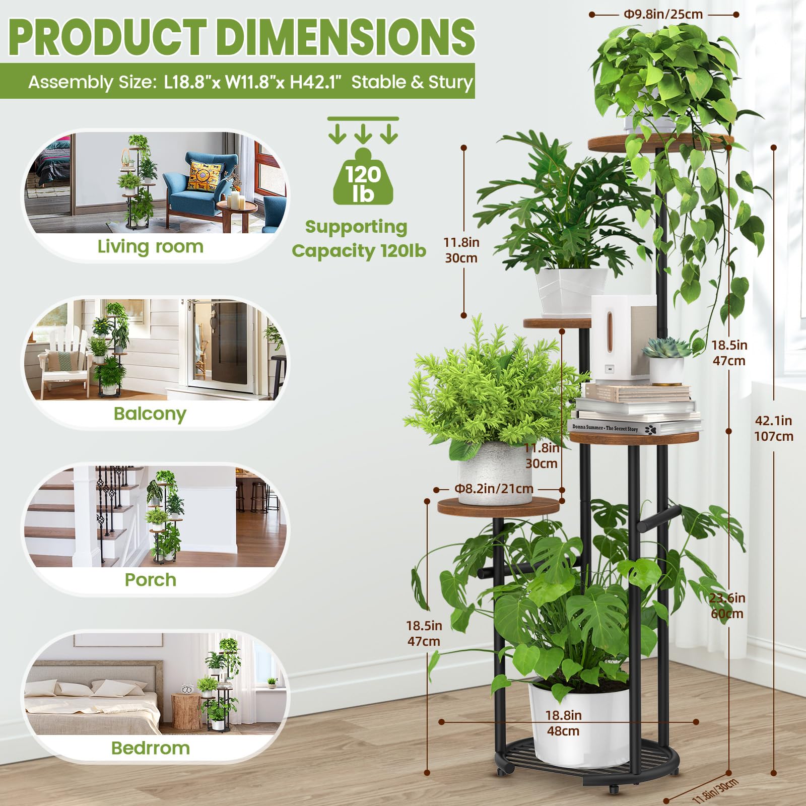TOSKING 5-Tier Round Wood Corner Plant Stand in living room setting