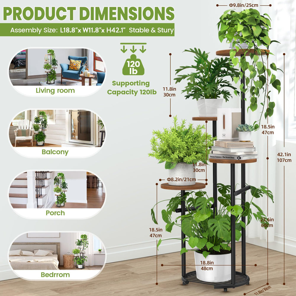 TOSKING 5-Tier Round Wood Corner Plant Stand in living room setting