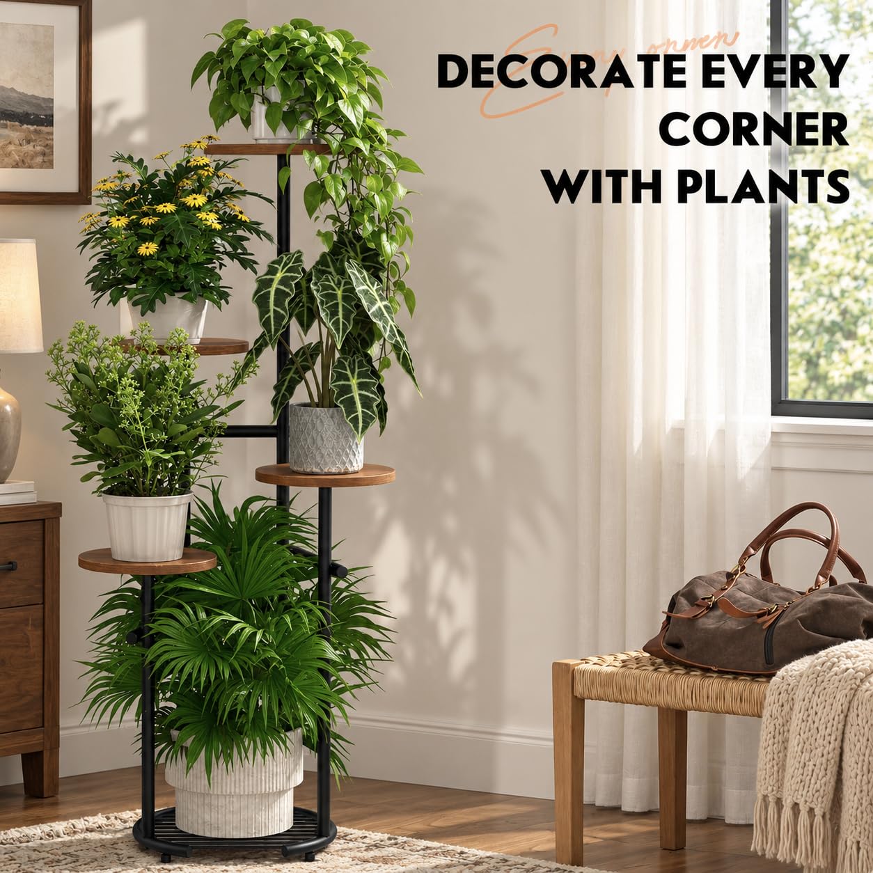 TOSKING 5-Tier Round Wood Corner Plant Stand with adjustable feet