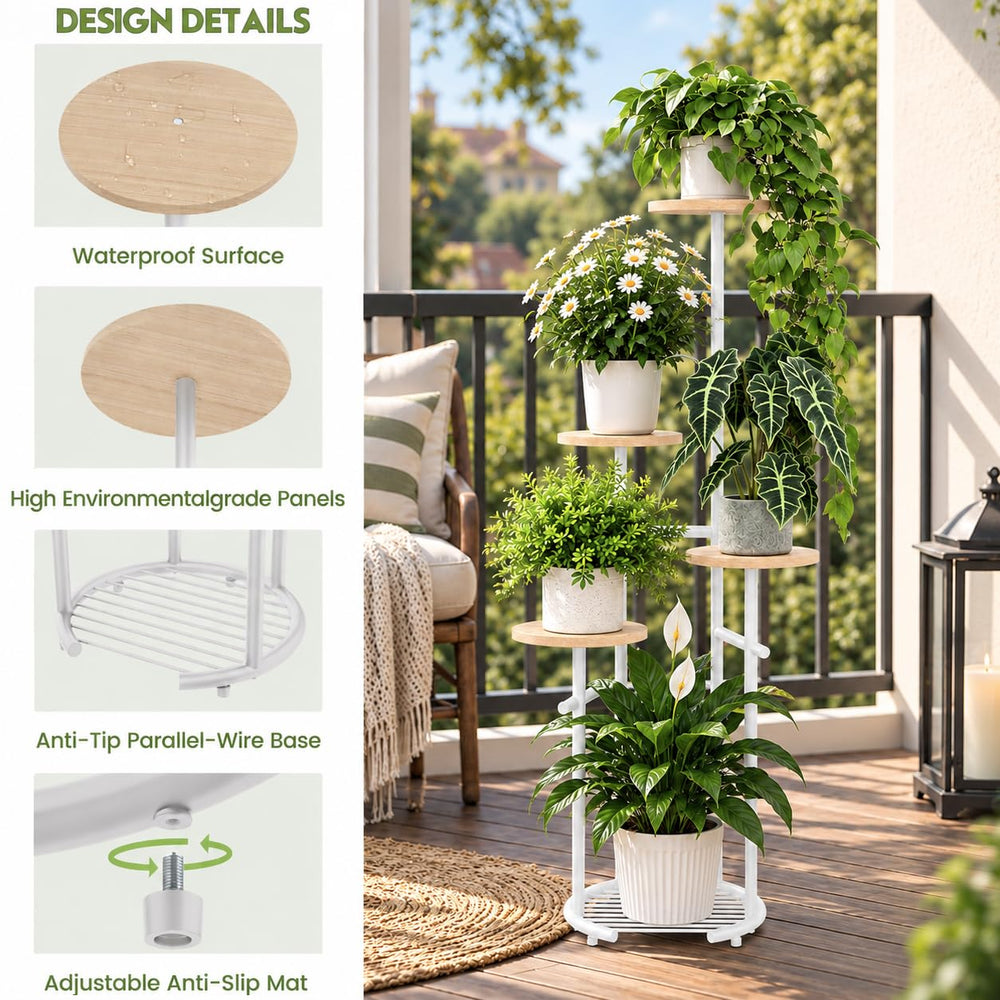 TOSKING 5-Tier Round Wood Corner Plant Stand with books and candles on display