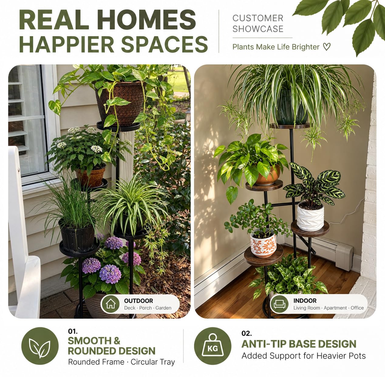 TOSKING 5-Tier Round Wood Corner Plant Stand with books and plants