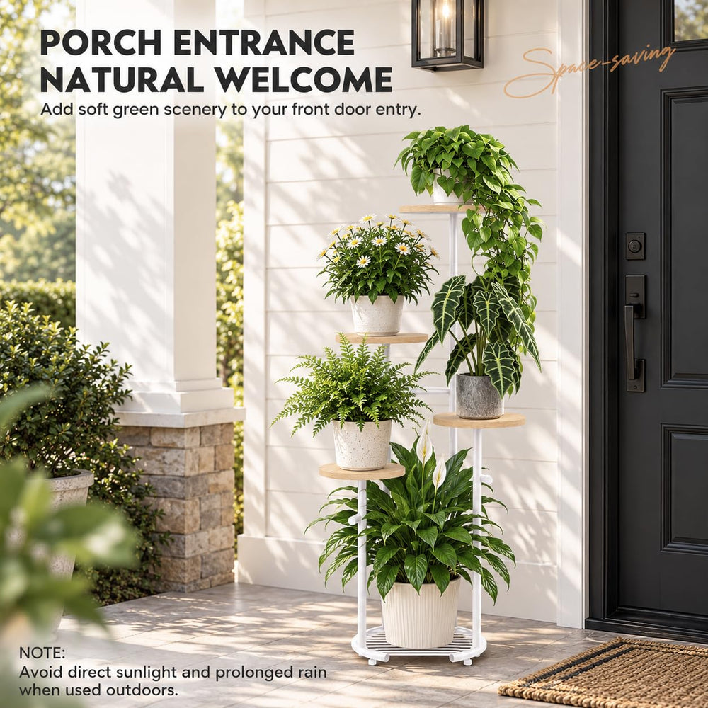 TOSKING 5-Tier Round Wood Corner Plant Stand with plants in a cozy corner