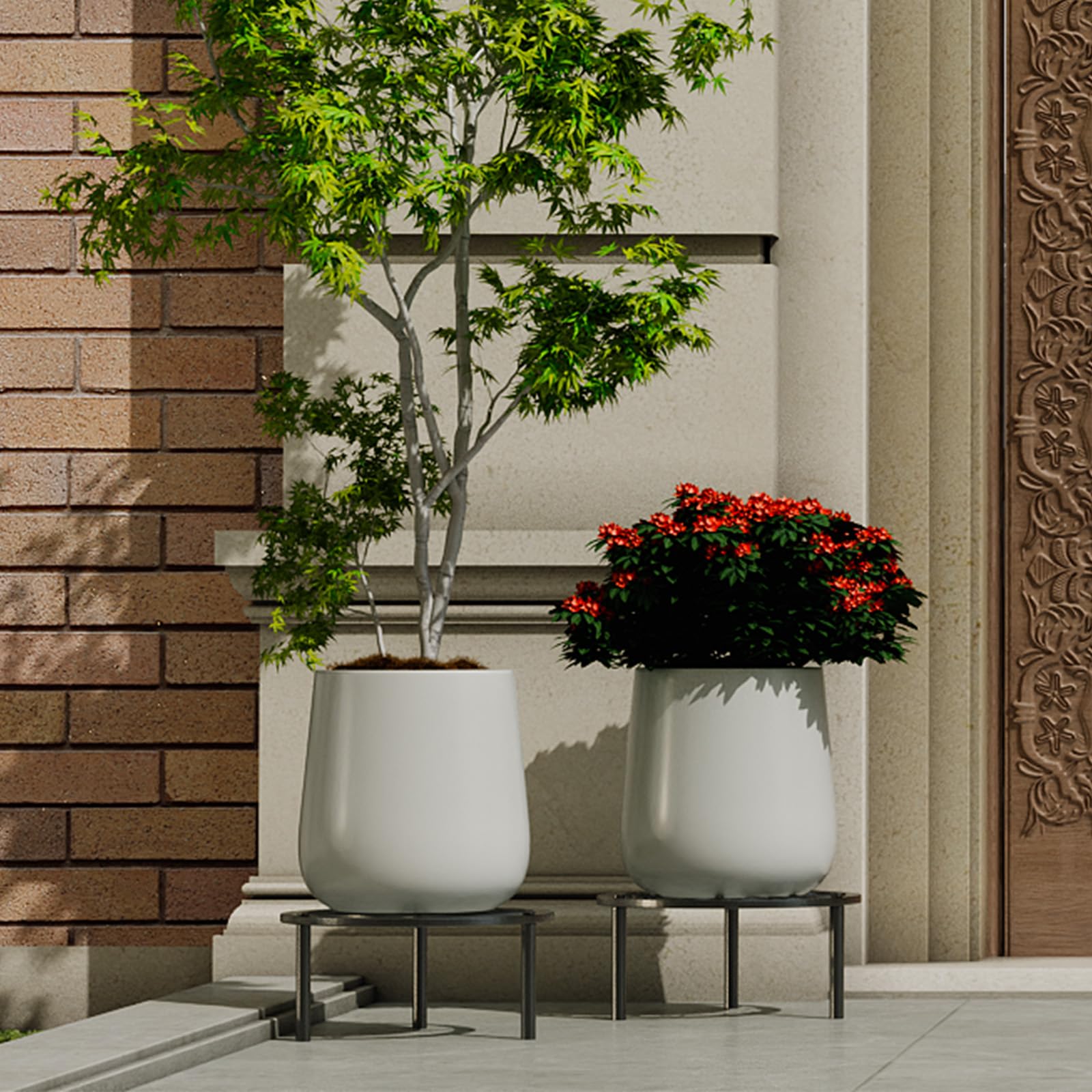 TOSKING Small Metal Plant Stand next to various plant pots