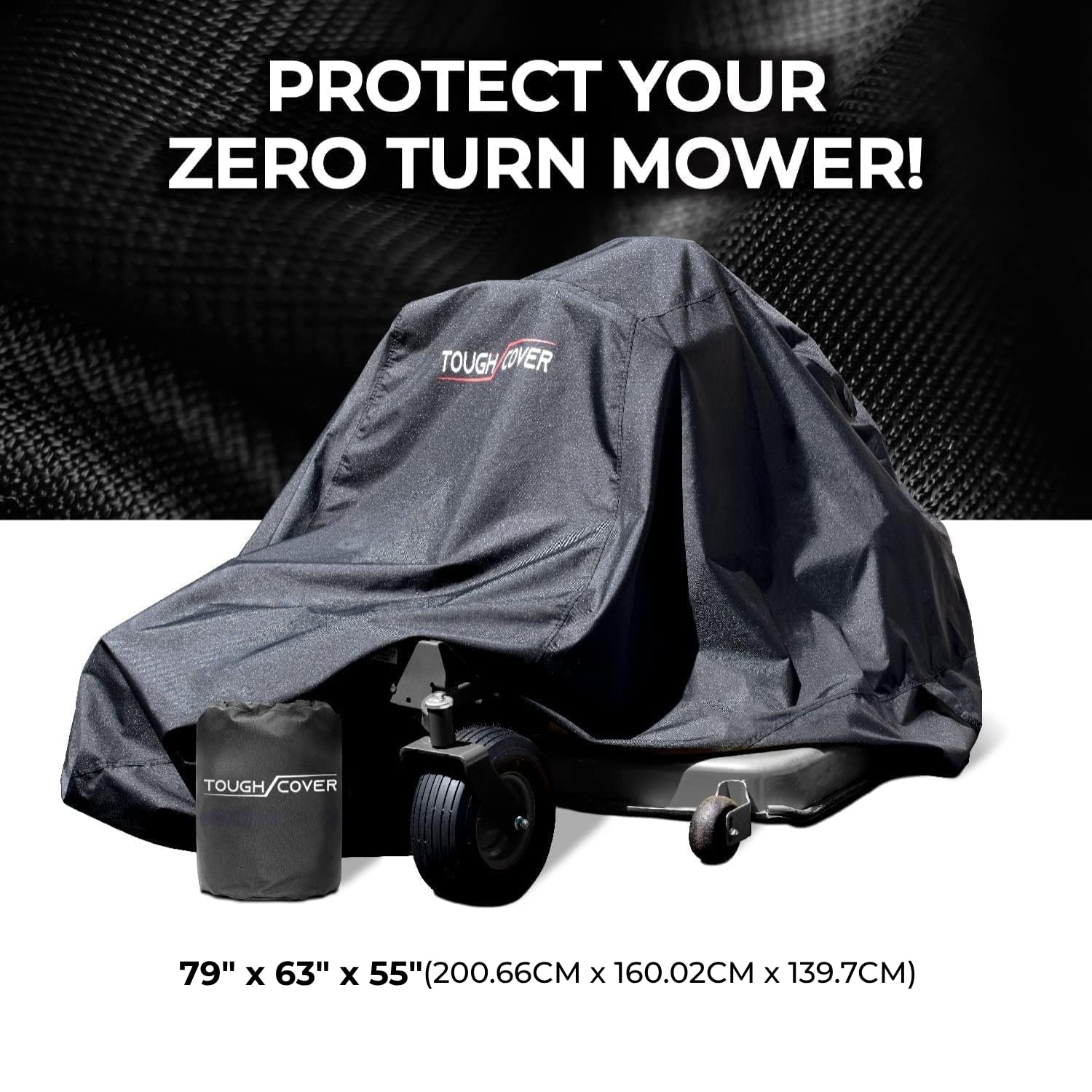 Tough Cover Zero-Turn Mower Cover with drawstring strap in use