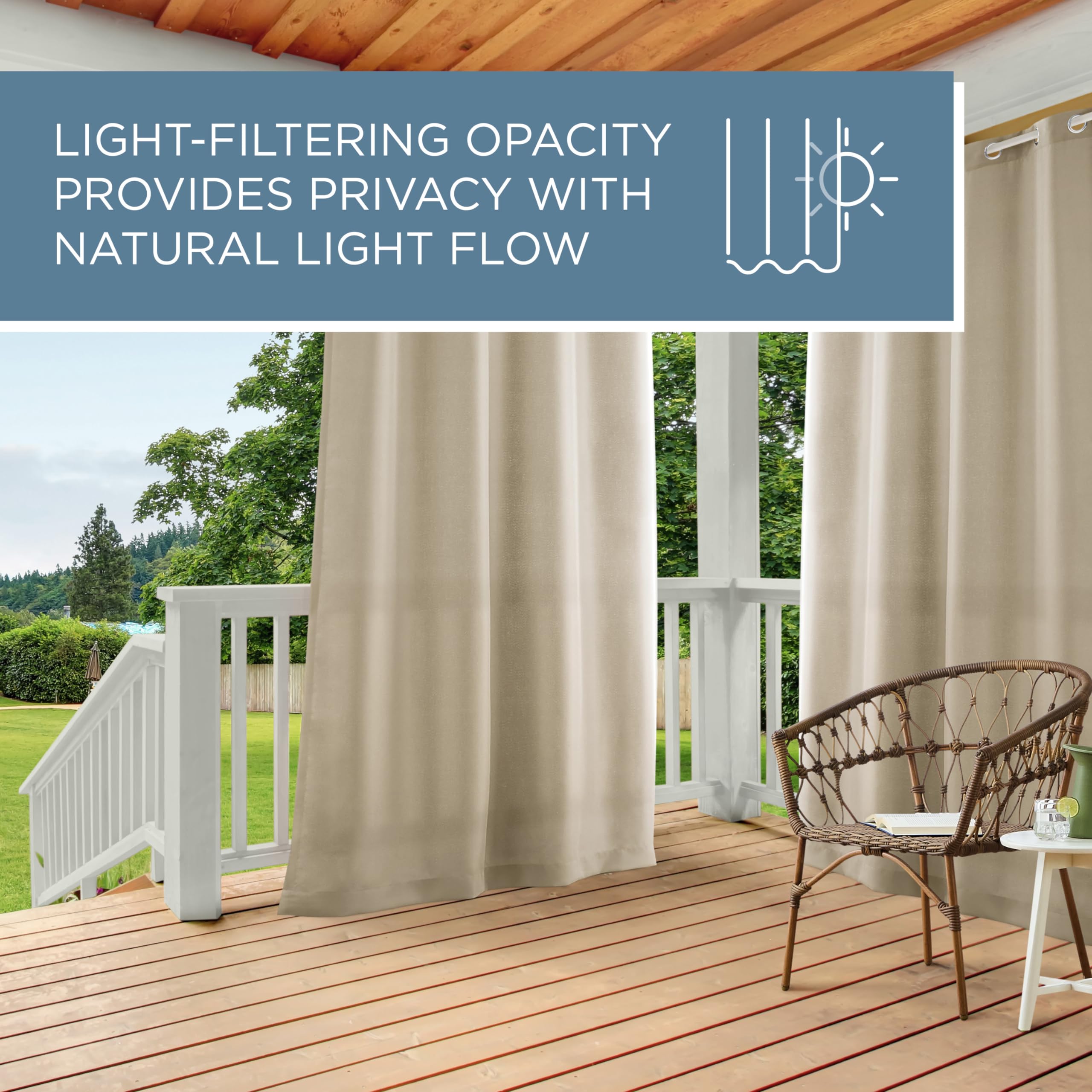 TOWN & COUNTRY BASICS heavyweight curtains draped on a deck