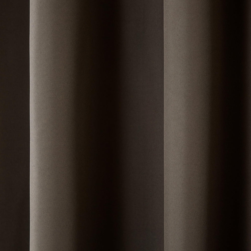 TOWN & COUNTRY BASICS Outdoor Curtains Set in Chocolate, Hanging on a Patio