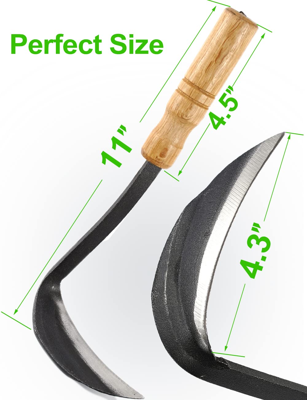 TOYPOPOR 11 inch Weeding Sickle Hoe side view showing handle