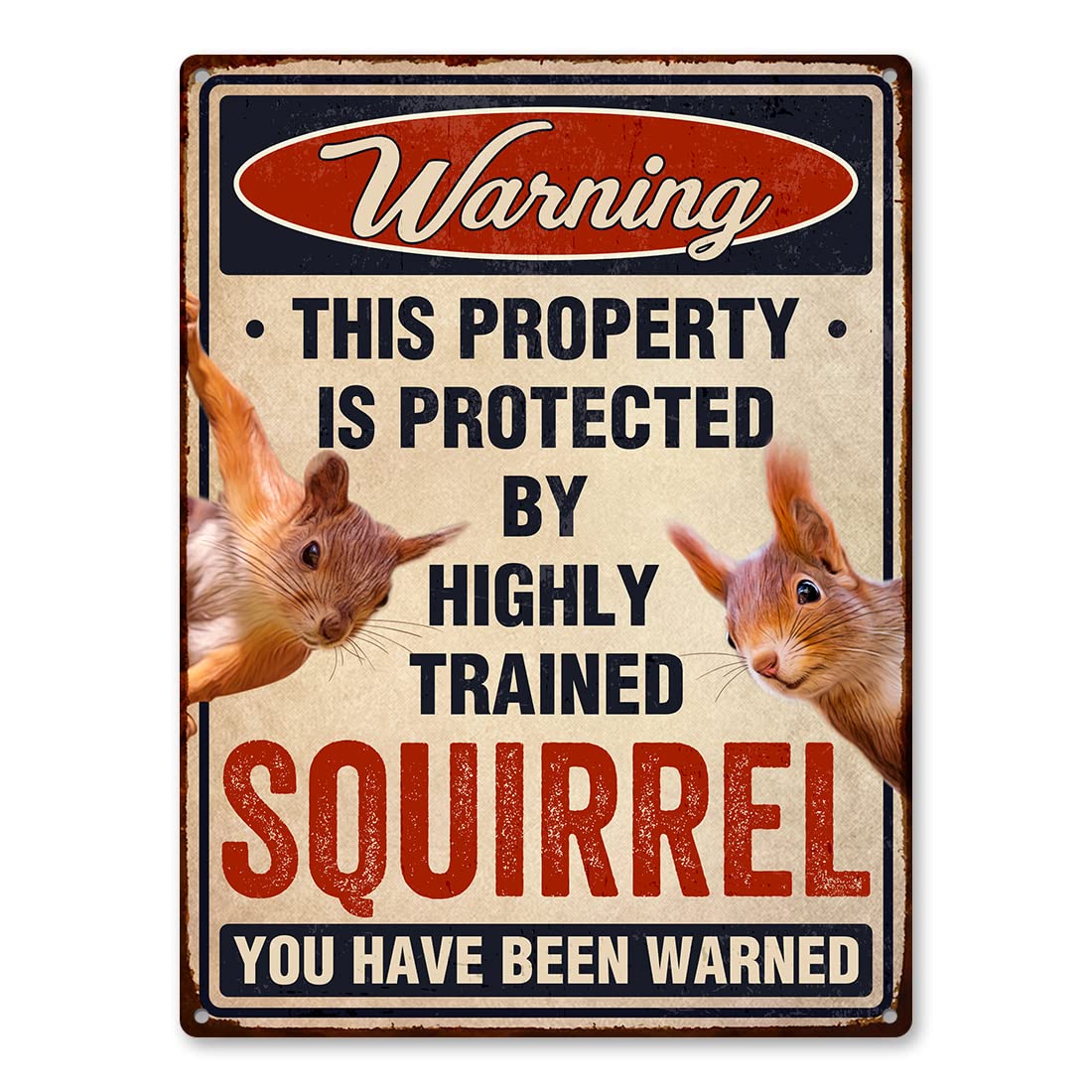 TP GLOBAL Funny Squirrels Sign front view with vibrant red colours