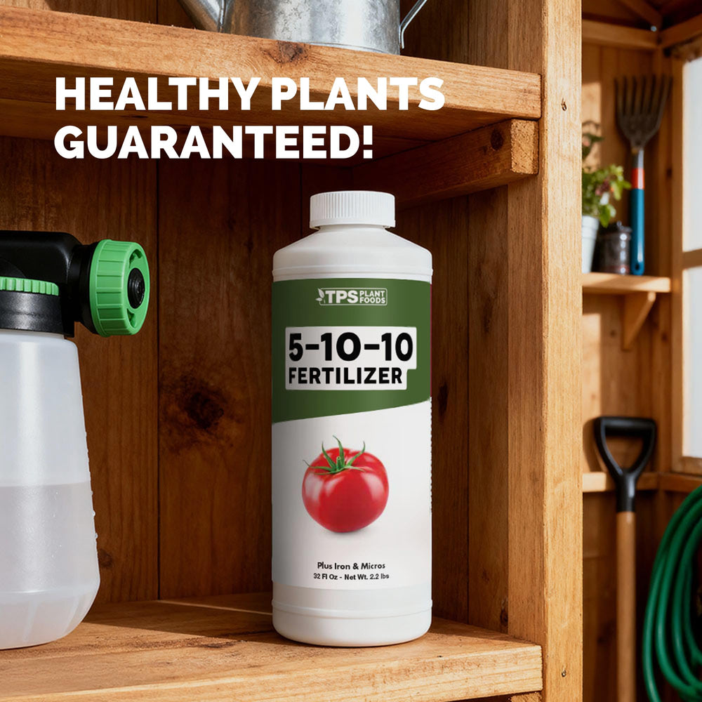 TPS NUTRIENTS 5-10-10 Fertilizer with garden tools and plants