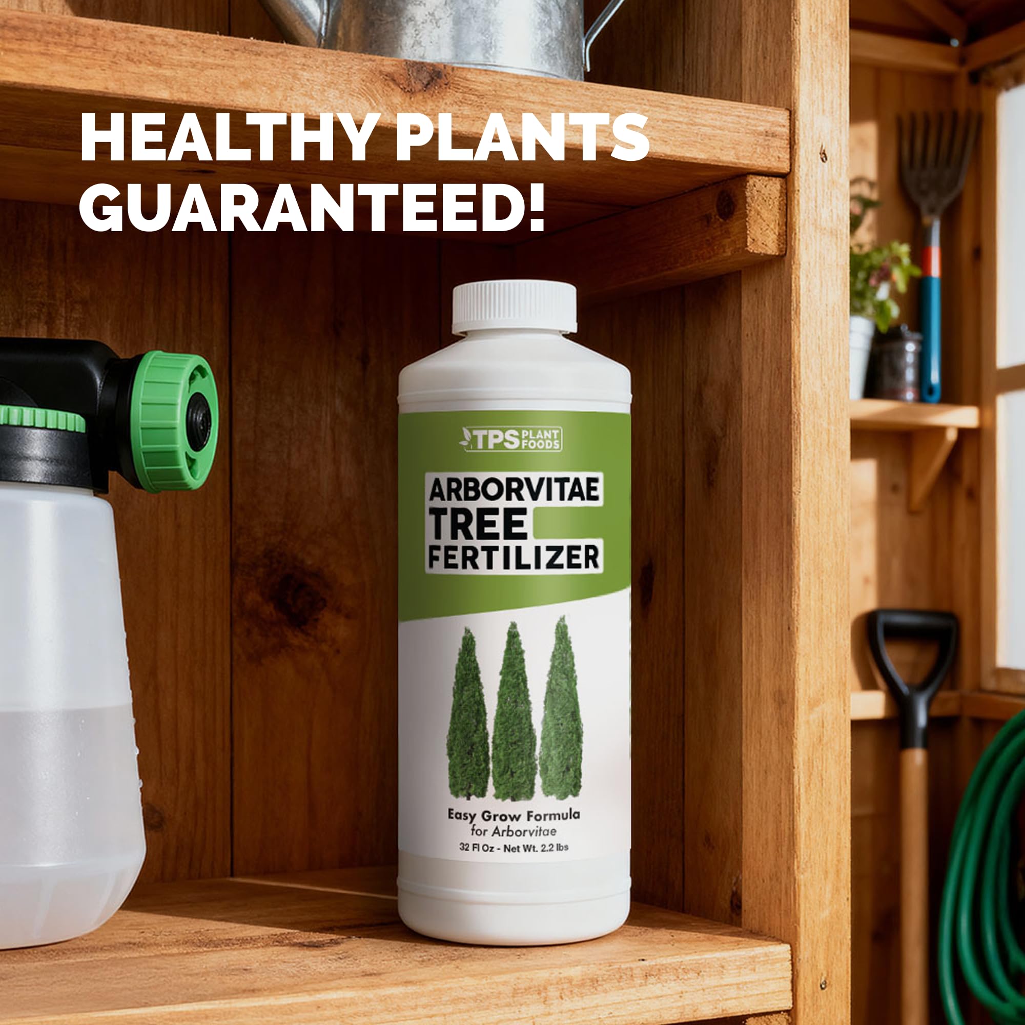 TPS NUTRIENTS Arborvitae Tree Fertilizer on a table with plants