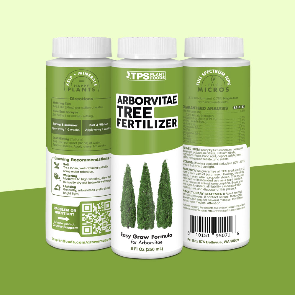 TPS NUTRIENTS Arborvitae Tree Fertilizer showing safety instructions on label