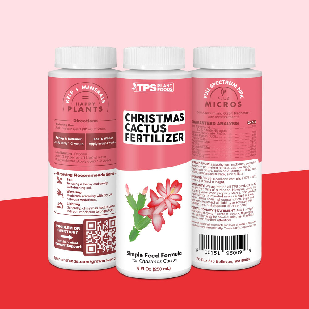 TPS NUTRIENTS Christmas Cactus Fertilizer alongside blooming Christmas cactus