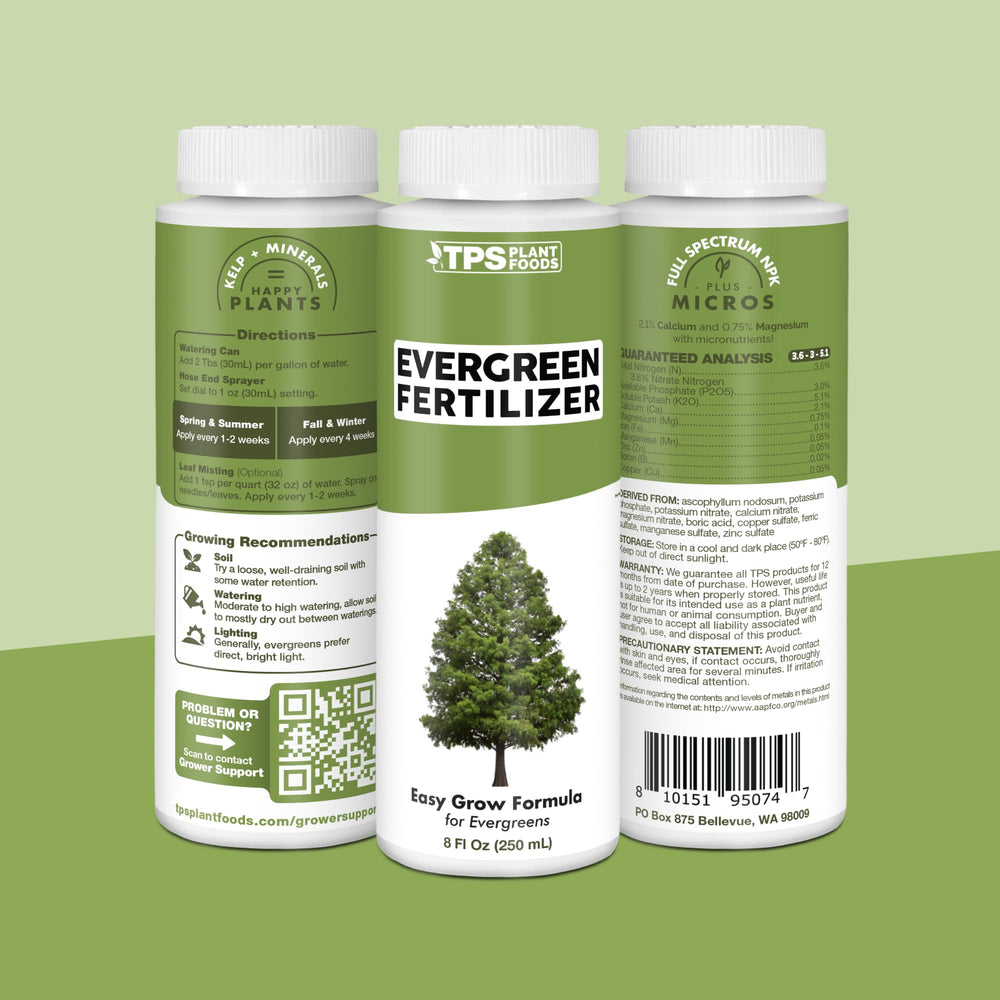 TPS NUTRIENTS Evergreen Tree Fertilizer alongside healthy evergreen trees