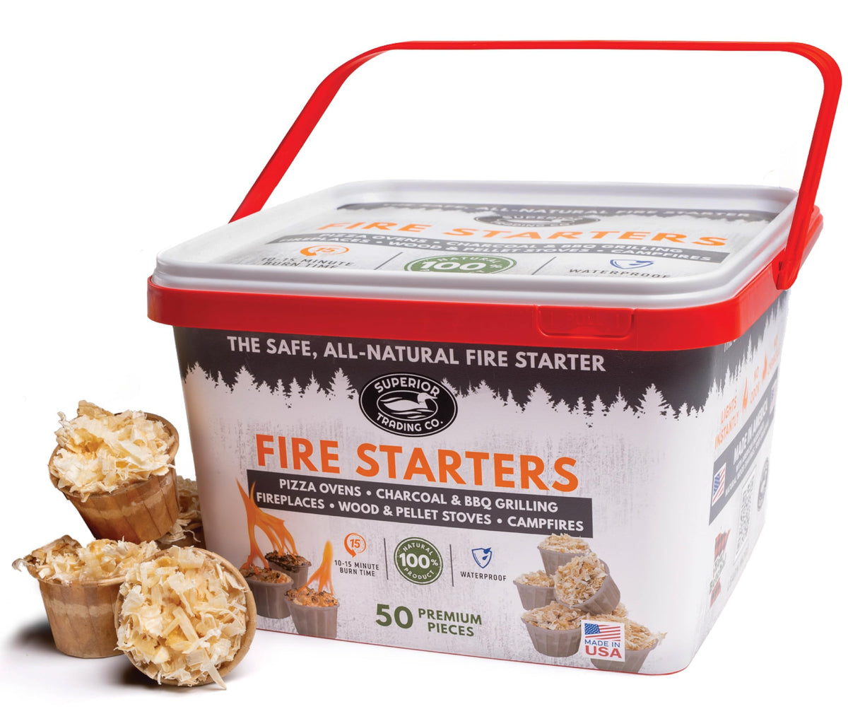 Trading Co. Fire Starter Pods in plastic bucket