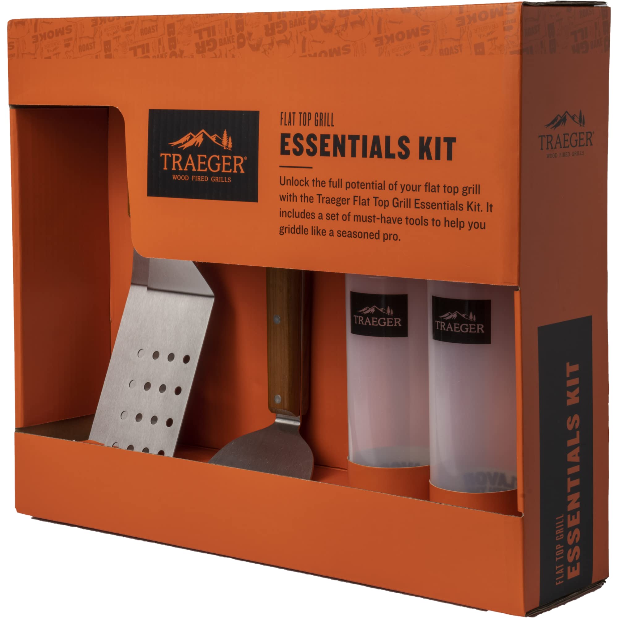 Traeger Flat Top Griddle Essentials Kit including spatulas, scraper, and squeeze bottles