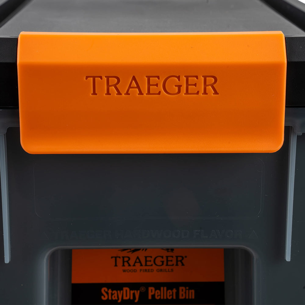 Traeger Stay Dry Pellet Storage Bin label and instructions