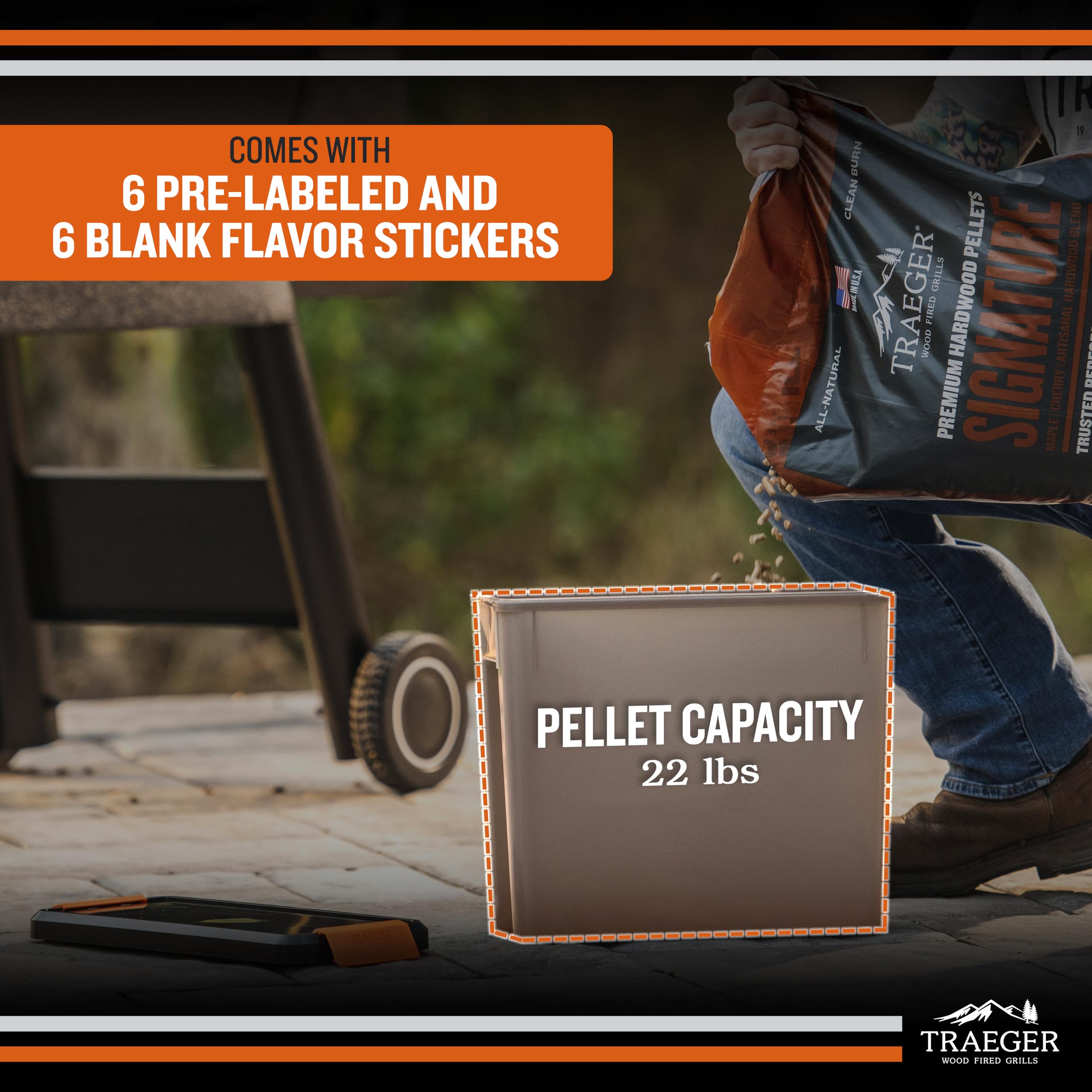 Traeger Stay Dry Pellet Storage Bin with flavor stickers