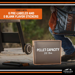 Traeger Stay Dry Pellet Storage Bin with flavor stickers