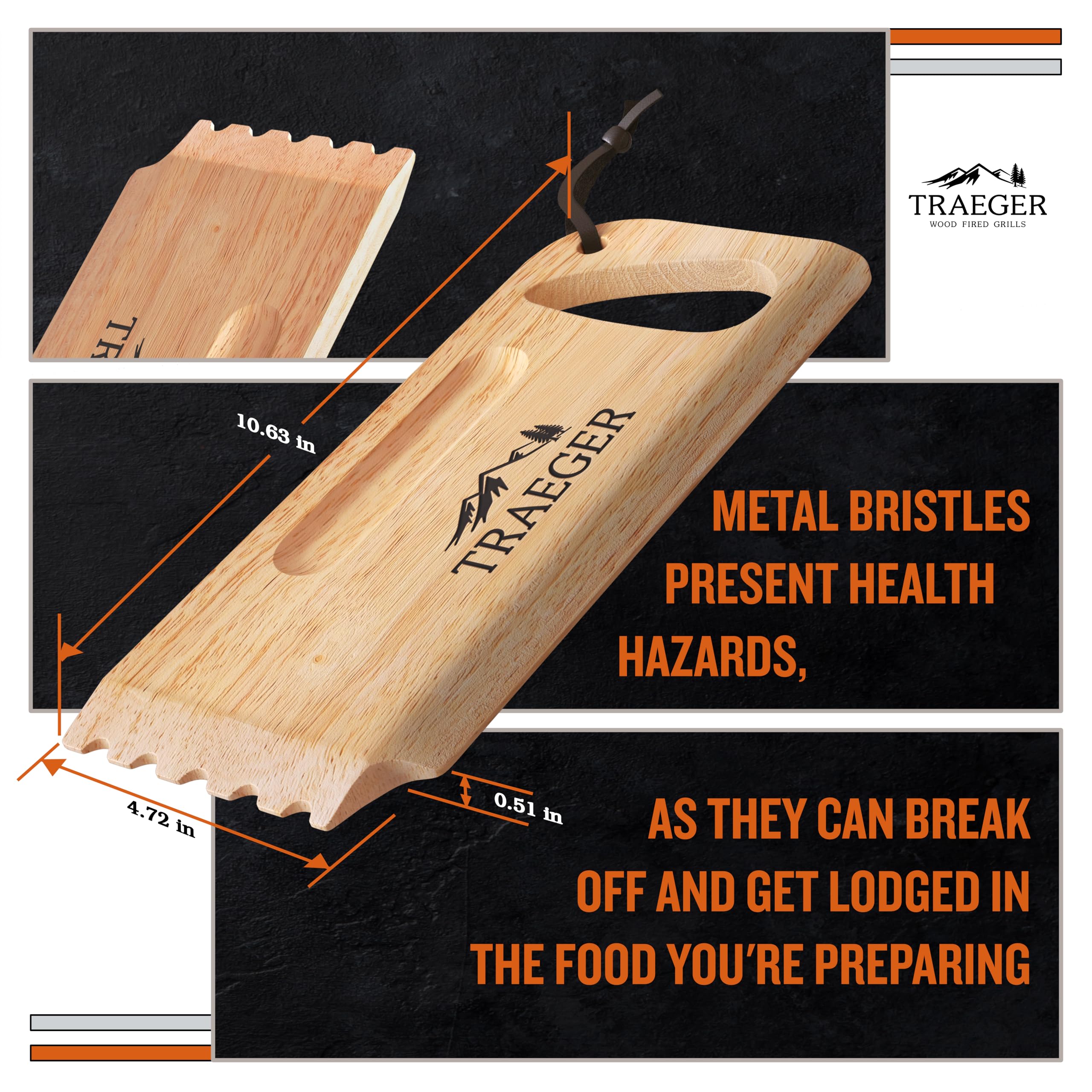 Traeger Wooden Grill Scraper side view, showcasing hanging loop