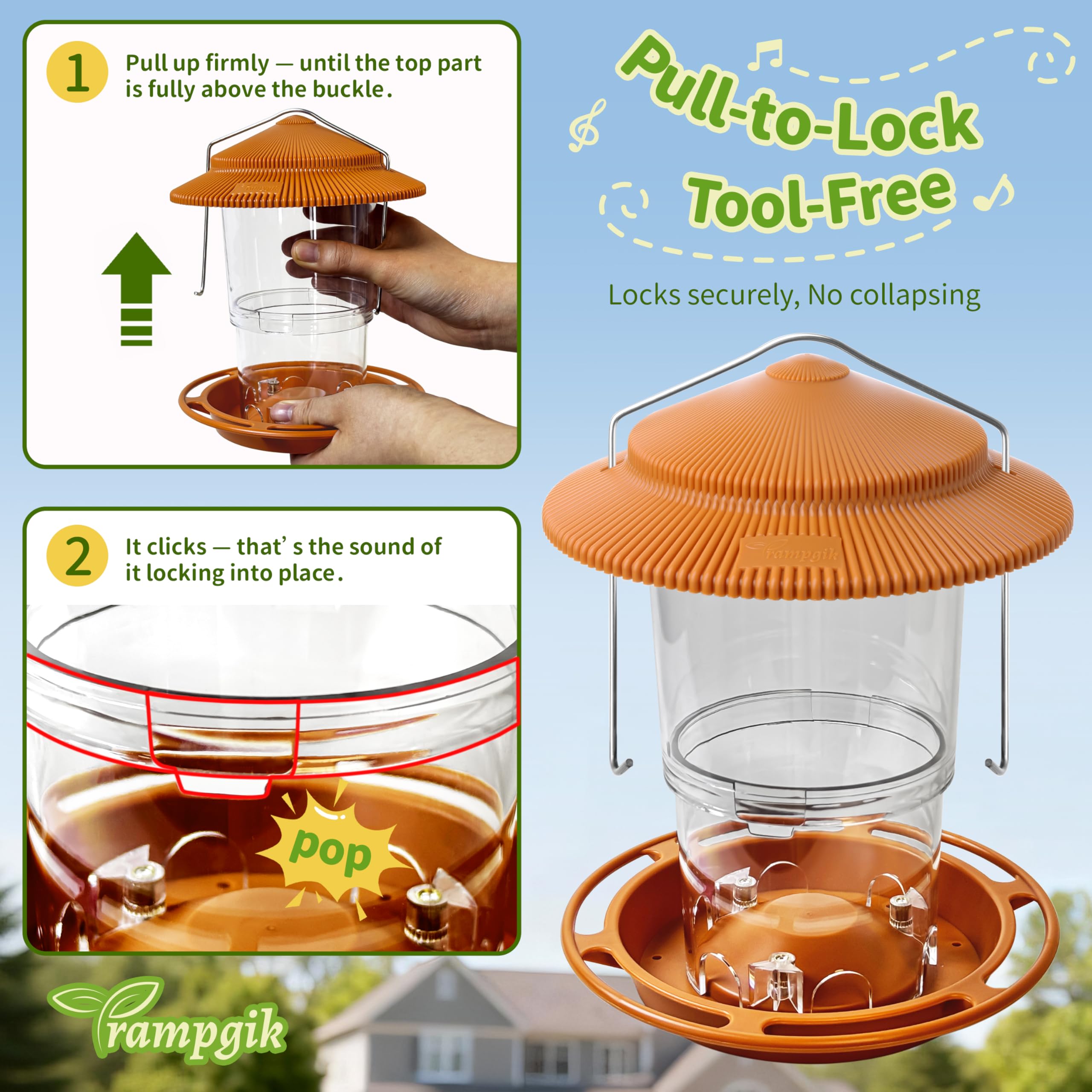 TrampgiK bird feeder installed outdoors with bird seeds