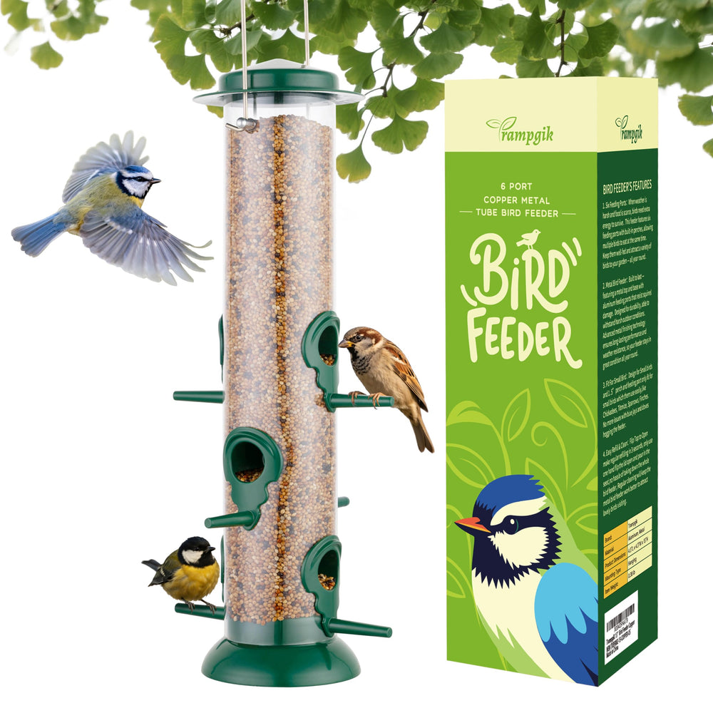 TrampgiK Metal Tube Bird Feeder, front view with green finish