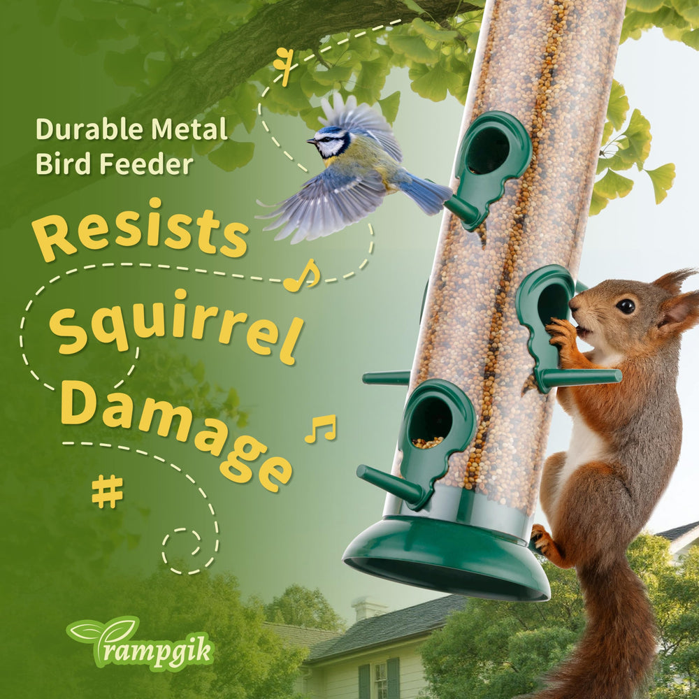 TrampgiK Metal Tube Bird Feeder, hanging in a garden
