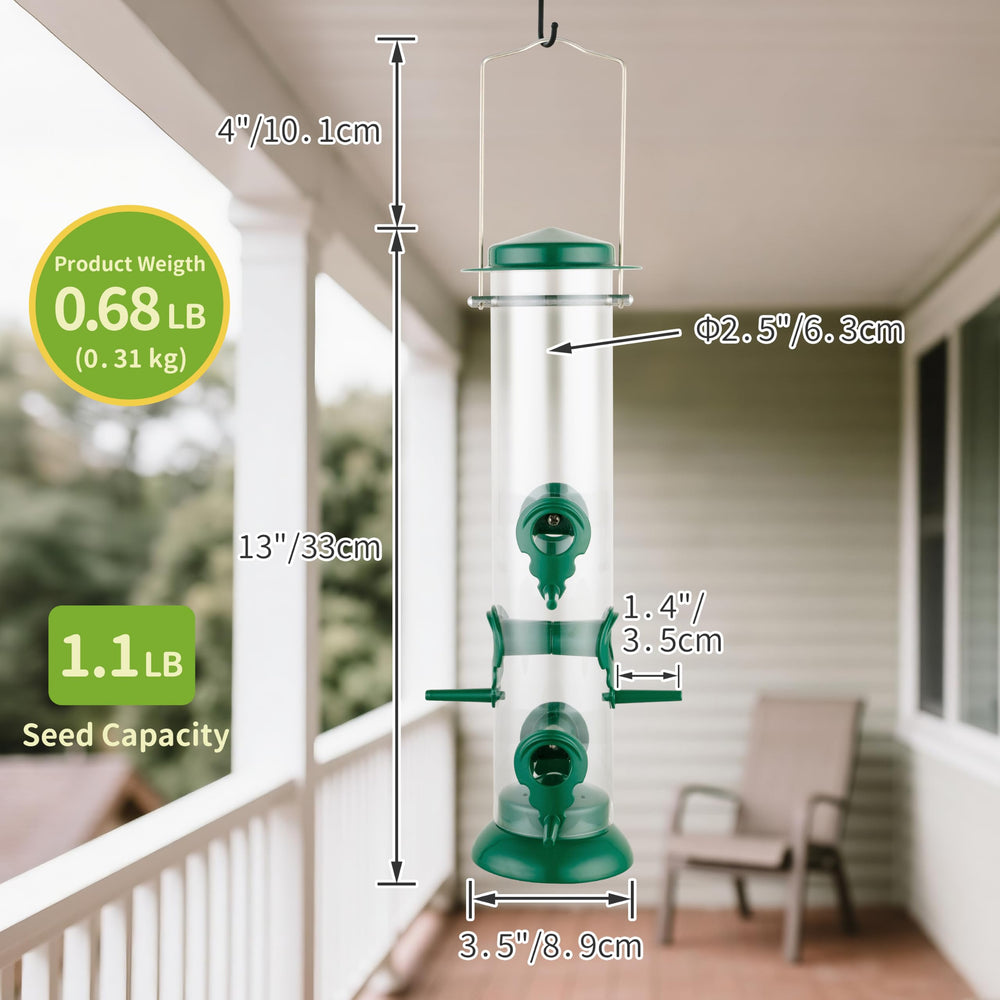 TrampgiK Metal Tube Bird Feeder, side view showing feeding ports