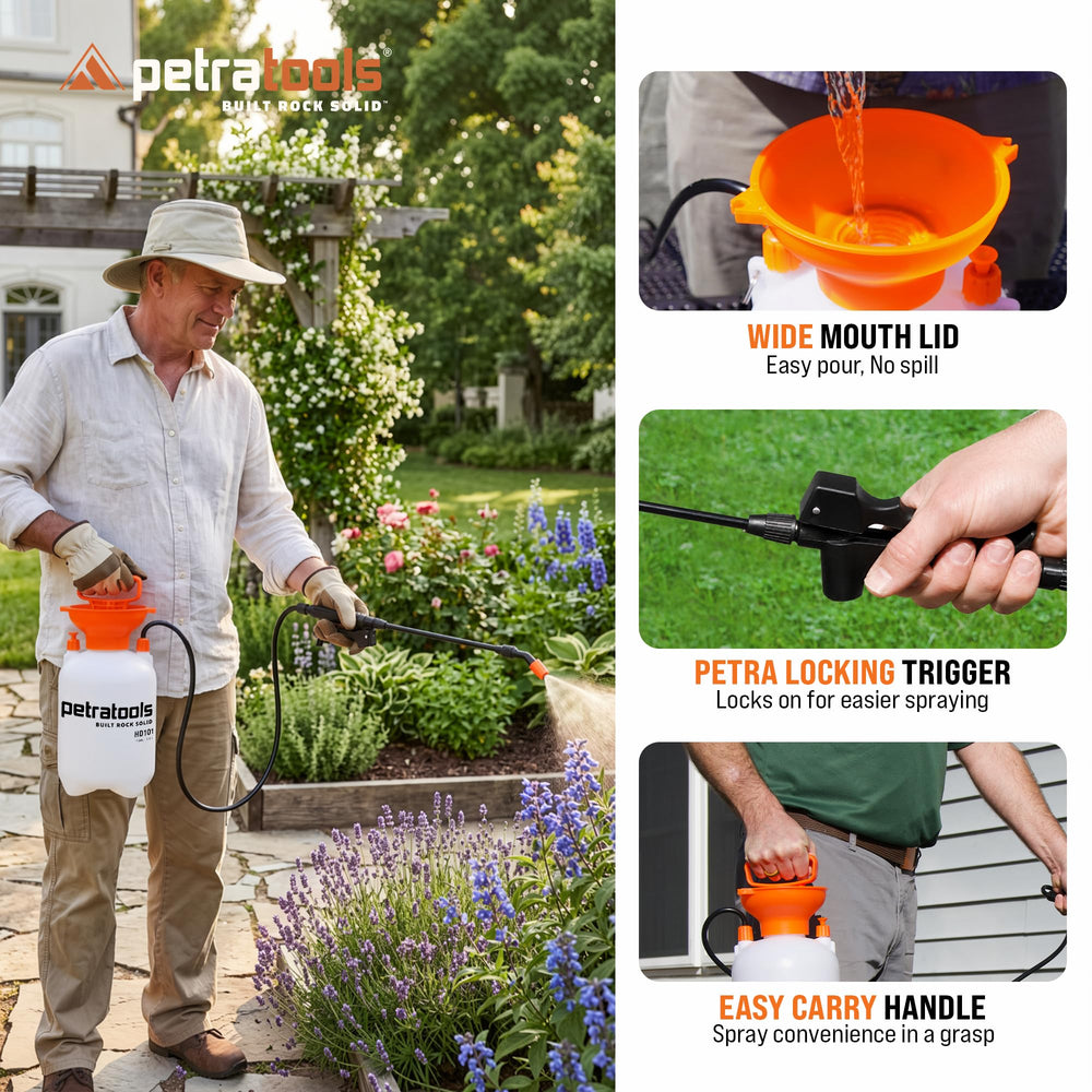 Translucent tank of Petra Garden Pump Sprayer showing liquid markings