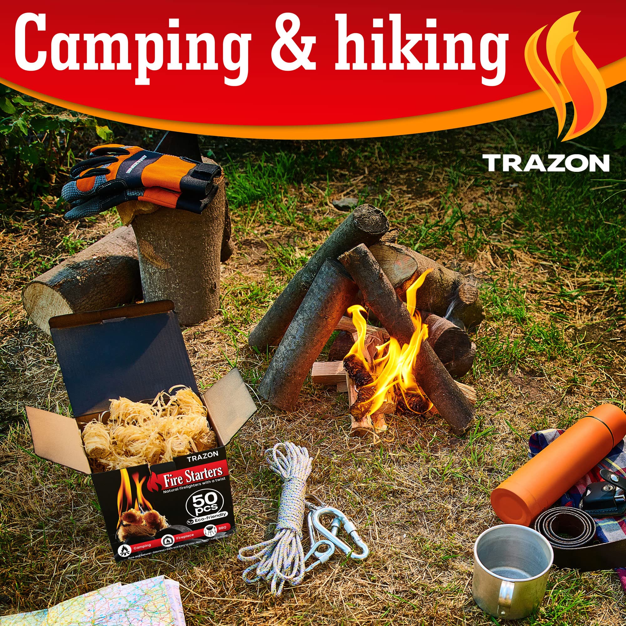 Trazon fire starters displayed with kindling and firewood