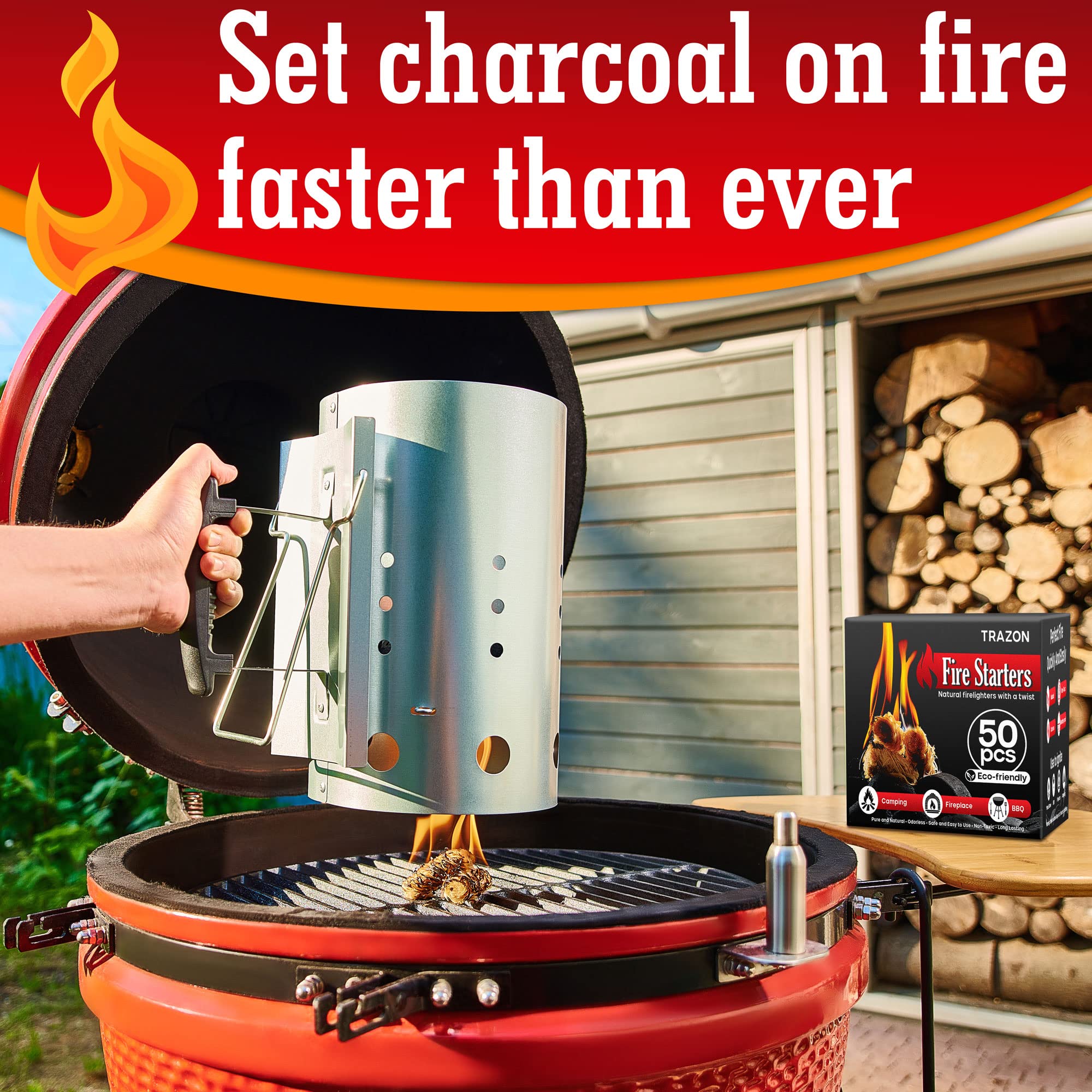 Trazon fire starters next to a campfire outdoors