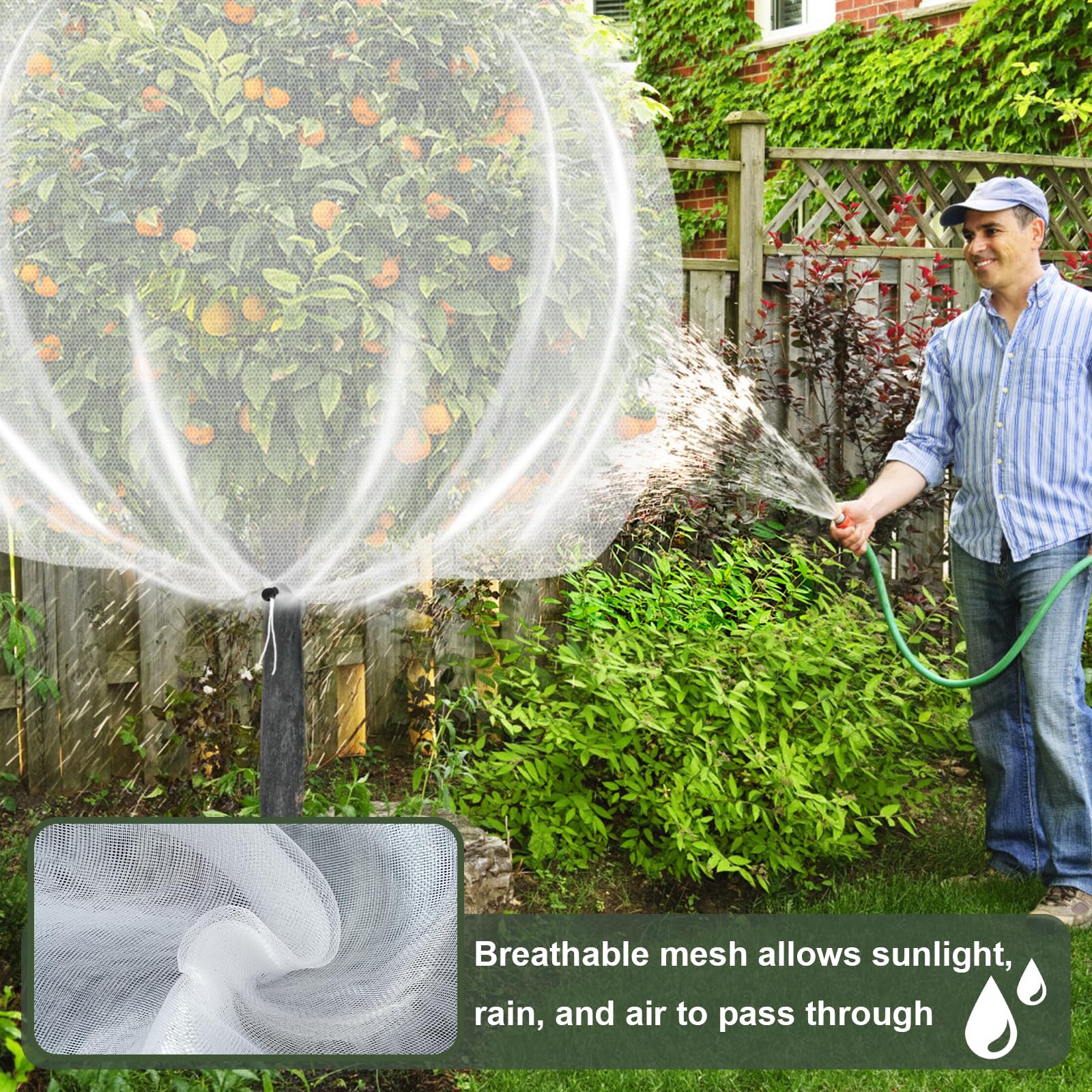 tree netting cover shown in an outdoor garden setting