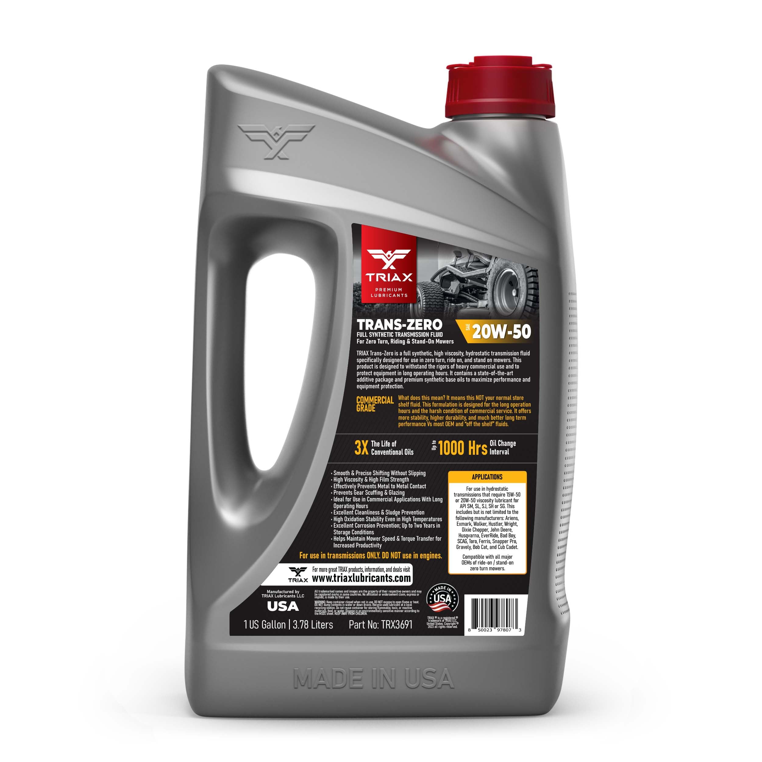 Triax Trans-Zero 20W-50 oil bottle side view
