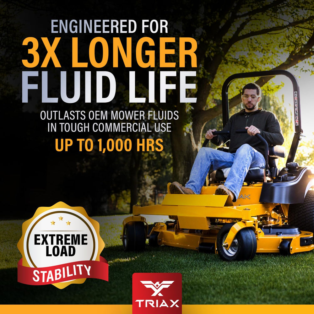 Triax Trans-Zero 20W-50 oil in use at a lawn mowing site