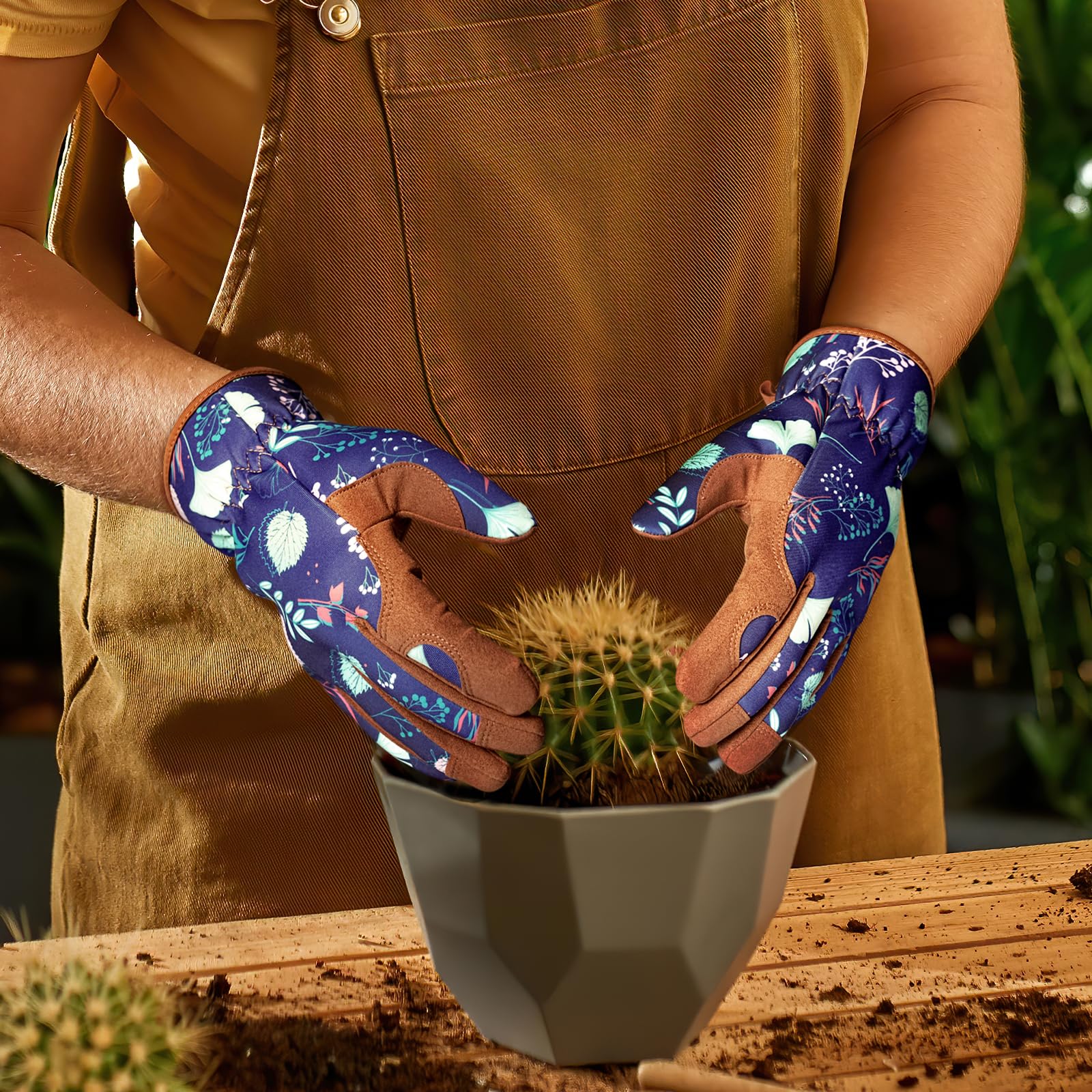 Trifabricy Garden Gloves displayed with other gardening supplies