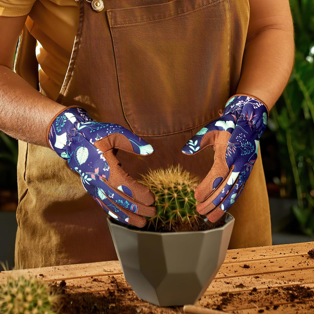 Trifabricy Garden Gloves displayed with other gardening supplies