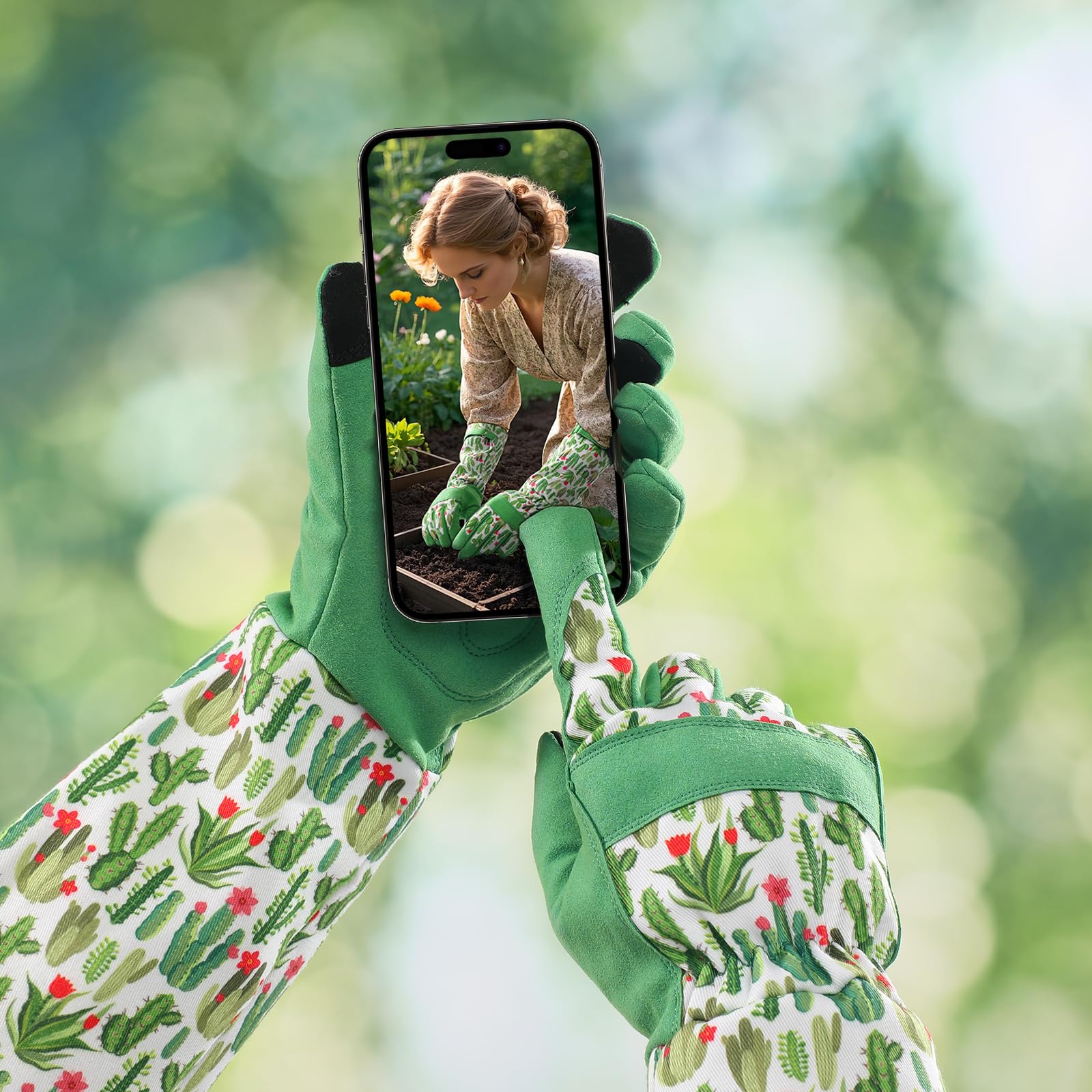 Trifabricy Gardening Gloves on a table with gardening accessories