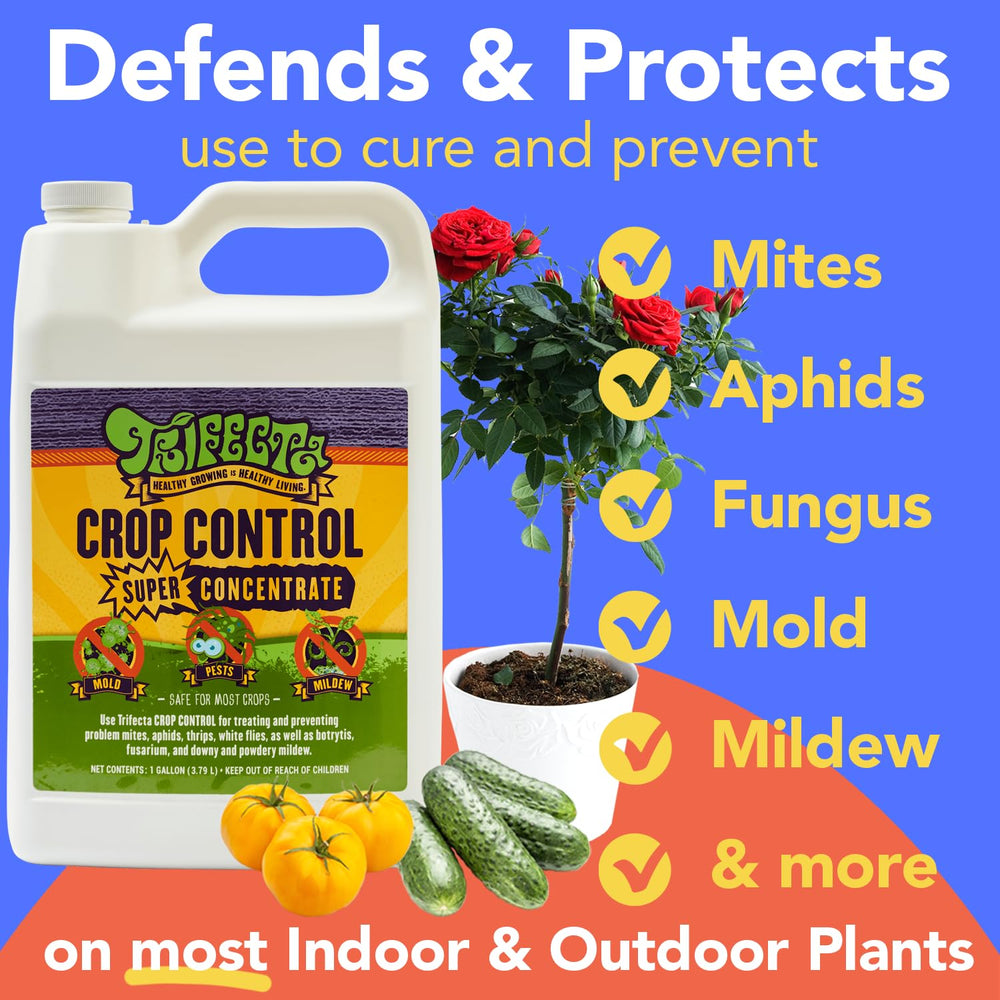 Trifecta Crop Control natural pesticide back view with usage instructions